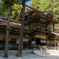 諏訪大社下社春宮。訪大社は全国各地にある諏訪神社総本社。諏訪湖の周辺に本社、前宮、春宮、秋宮がある。建御名方神（たけみなかたのかみ）と妃とされる八坂刀売神（やさかとめのかみ）を祀る。建御名方神は大国主神（おおくにぬしのかみ）の息子として『古事記』に登場する。建御雷神（タケミカヅチ）に破れ（国譲り）、諏訪に追い込められた。