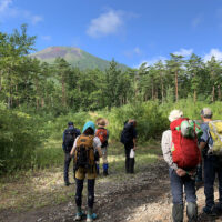 山頂を見上げる古道調査メンバー