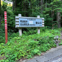 禅定道案内板：別当出合へ向かう林道の曲がり角にあり、ここから歩道を行きます。