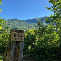 指尾山頂：標高1418m、一ノ鳥居があったところで、視界が開け山頂を伏拝むところでした。