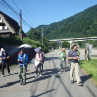 五箇山合掌の里駐車場から歩き始める。後方は東海北陸自動車道の橋梁