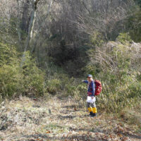 稲生野登山口(スタート) 稲生野集落より約2㎞、舗装路終点のすぐ先、左側が本来の古道の出入口だが竹・ササ類が茂っているので通行困難。