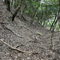 南郷往還出合・切通しで低くなっている。北向山から北東に延びる尾根の８合目付近。尾根を削り3mほど低く切通しになっている。 ここから右にヘアピンカーブとなり大津町から南阿蘇村に入る。まだ急斜面は続く。