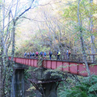 国鉄松前線跡の廃線鉄橋を大勢の人が歩いている様子