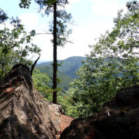 神社前の一対の岩：四寸道の謂れの岩。此処のお社の御神体である可能性があります。その先の懸崖は覗きになっています。古い地図には龍ヶ谷からの細い山道が登ってきています。