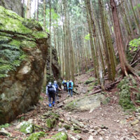 仮称「七曲り入」谷間：谷間は大きな岩がゴロゴロし少々歩き難いかもしれません。谷奥の巨岩は岩登りの練習場になっているようです。昔の高山道はこの道をどう通過したのだろうか。