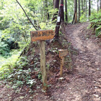 横吹峠登山口：薬師堂からの道が廃道の現在、起点はこの峠の切り通しから始まります。登り始めは読図が必要ですが、ほどなく一本道の等高線を辿る巻道になります。